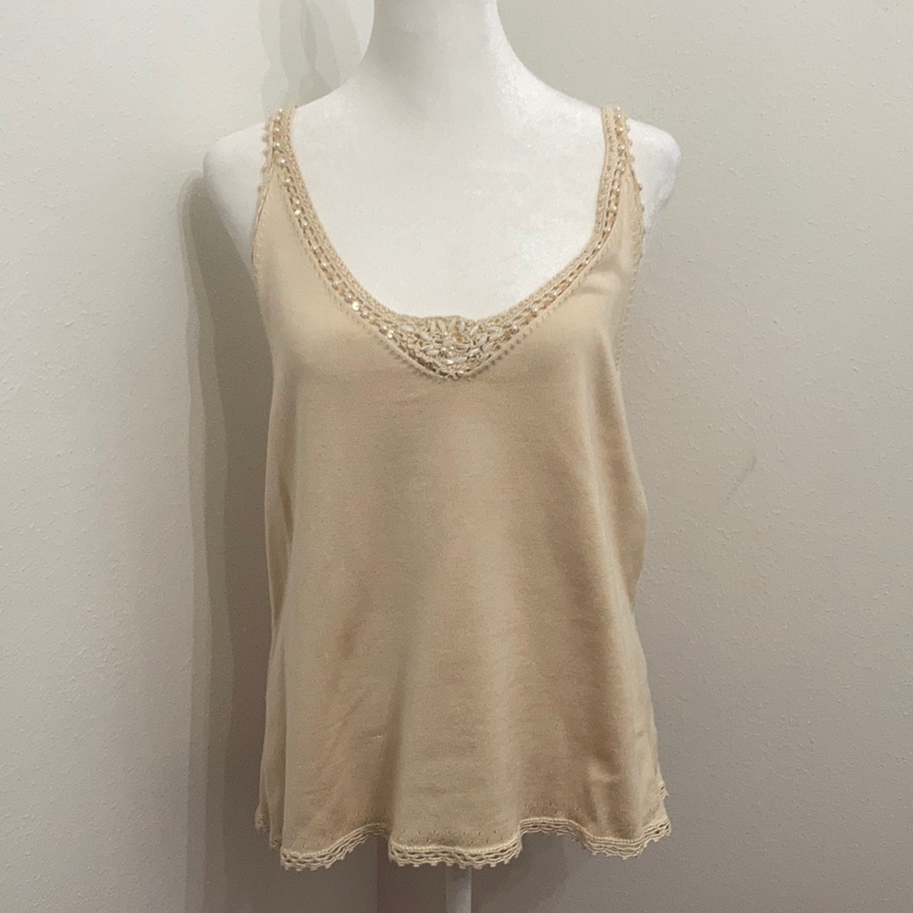 EUC Lauren Ralph Lauren Beige Sleeveless Blouse with Sequins & Bead Detail XL - Picture 2 of 10